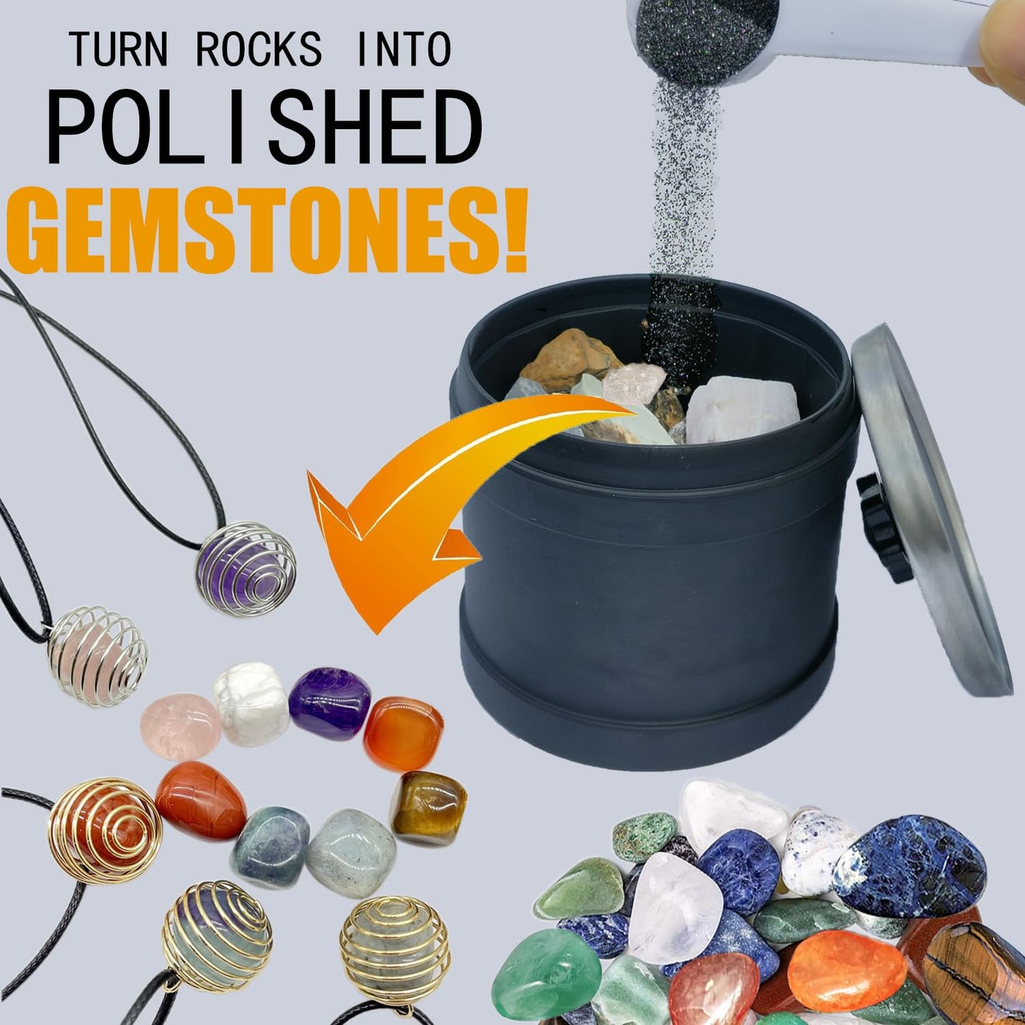 6 in 1 Rock Tumbler Grit Full Function Set - 4 Step Tumbling Grit  1 Ceramic Refill Media  9 Varieties Rough Rocks  Rock Tumbler Grit Polish Refill  Rock Polish Supplies & Accessories