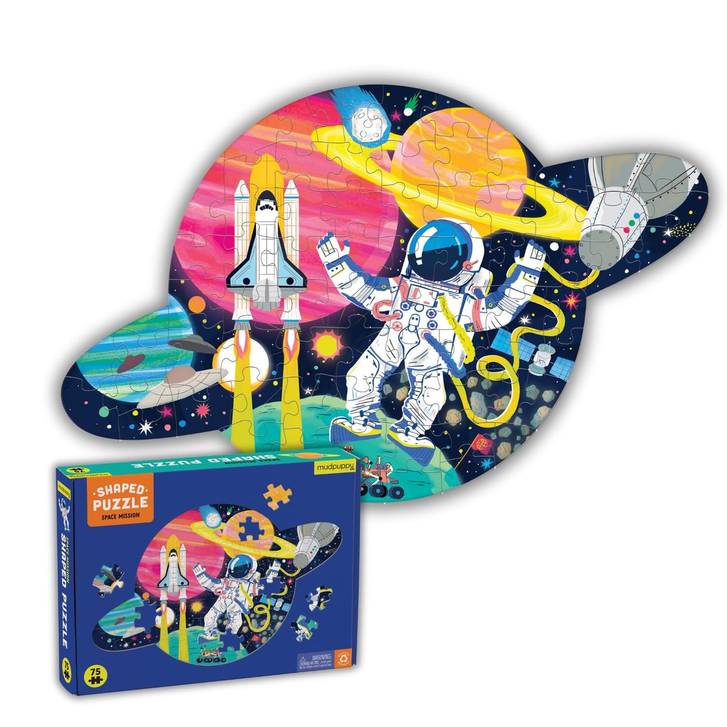 Mudpuppy Space Mission - 75 Piece Unique Saturn Shaped Scene Puzzle With Colorful And Fun Illustrations Of Space Life For Childr