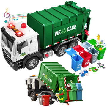 AXWATDEI Garbage Truck Toy - Large Friction Powered Trash Truck with Lights, Sounds, 4 Trash Bins, Green, Model WY1115A