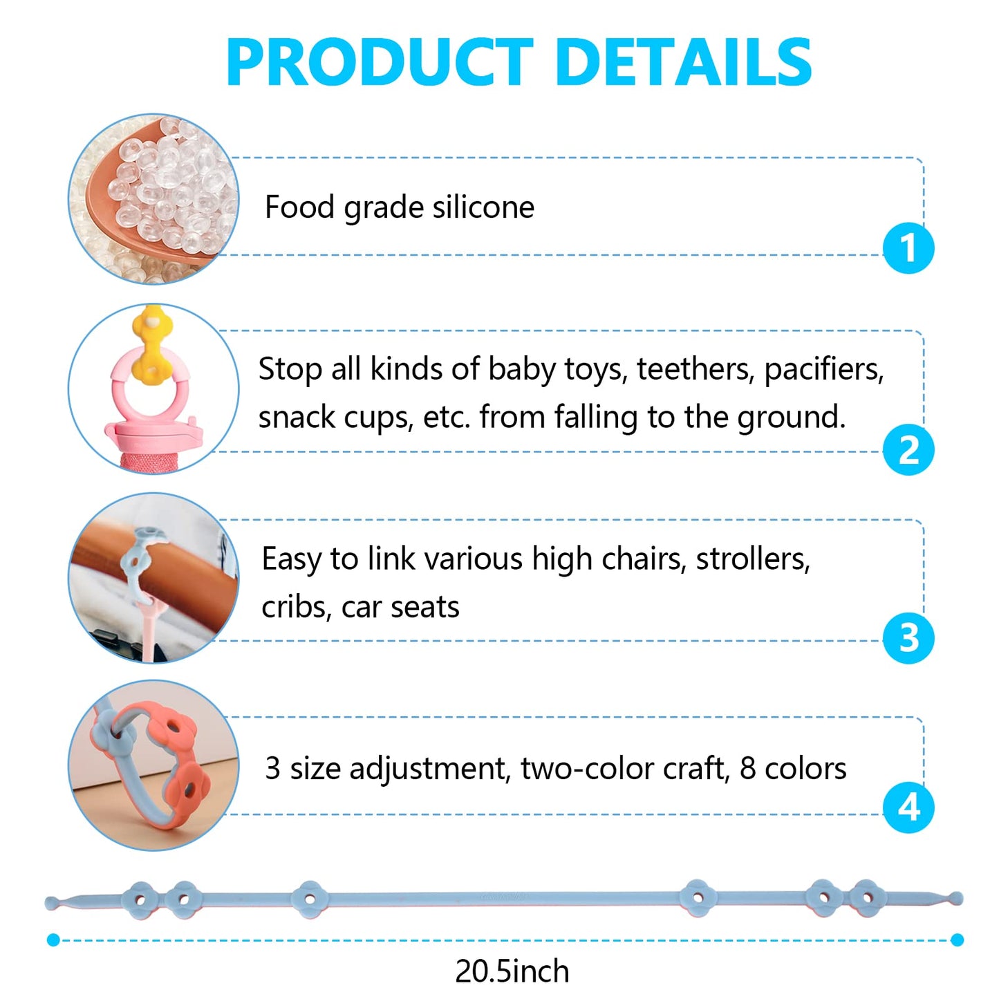Smautolife Toy Safety Straps 4Pk Stretchable Silicone Pacifier Clips Baby Toddler Teether Bottle Harness Straps For Strollers,High Chair,Shopping Cart,Cribs,Exersaucer