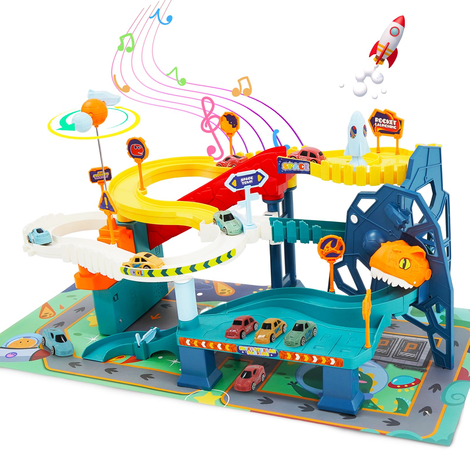 Race Track Car Toy for Kids Dinosaur Adventure Vehicle Playset with 5 Mini Cars & Road Map Race Car Track Toys Educational Toy f