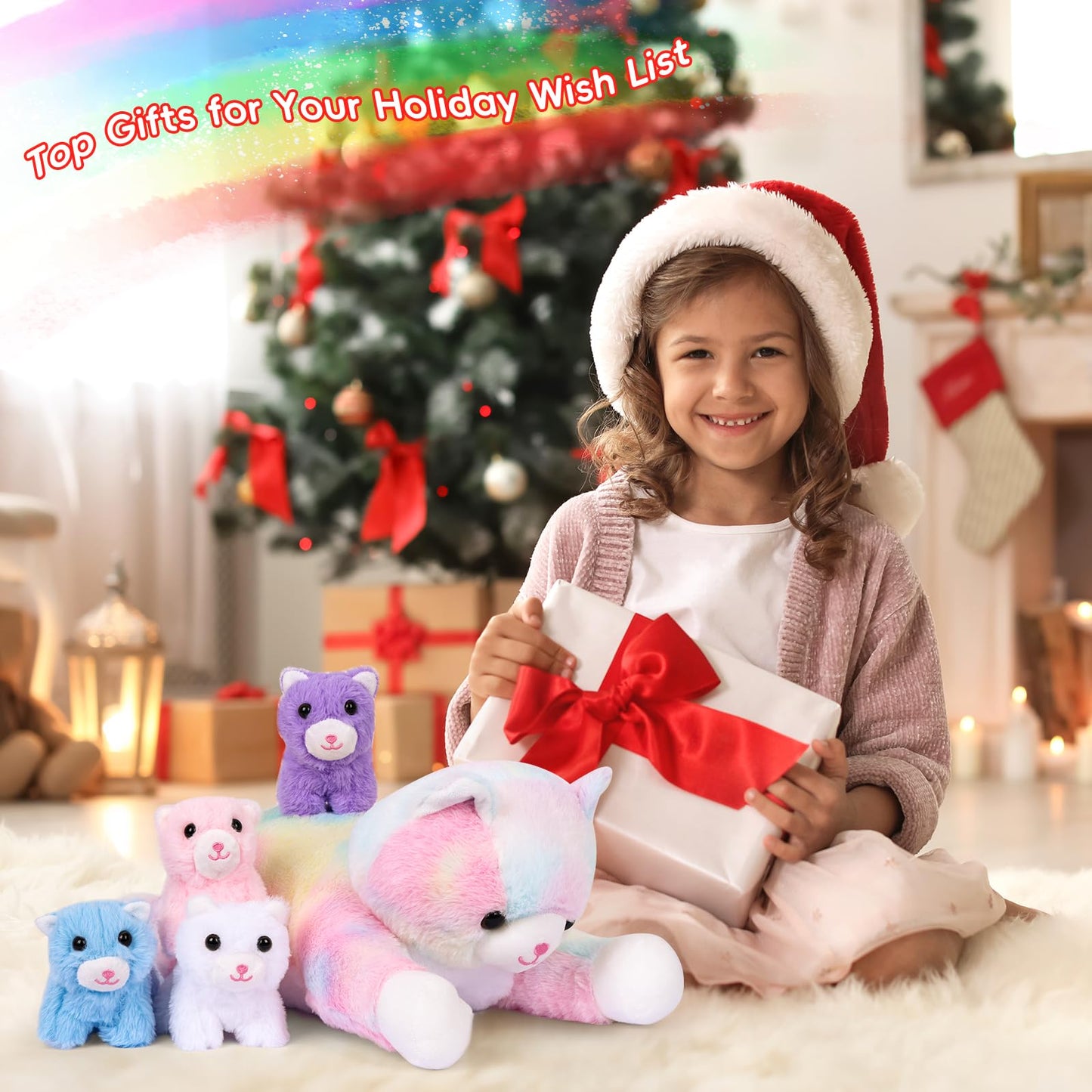 5 Pieces Cat Stuffed Animals For Girls, 1 Big Colorful Mommy Cat With 4 Mini Kittens, Soft Plush Toys For Kids Age 3 And Up, Gre