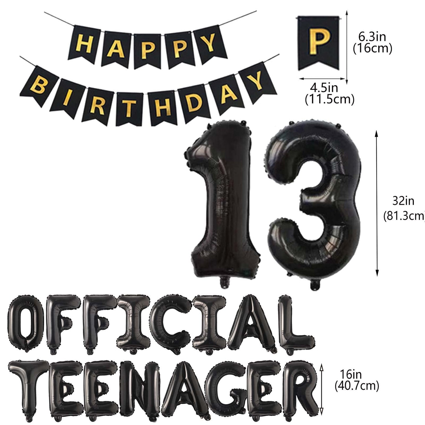 Official Teenager 13th Birthday Decorations Boys Girls, Happy Birthday Banner Official Teenager Number 13 Birthday Foil Balloons