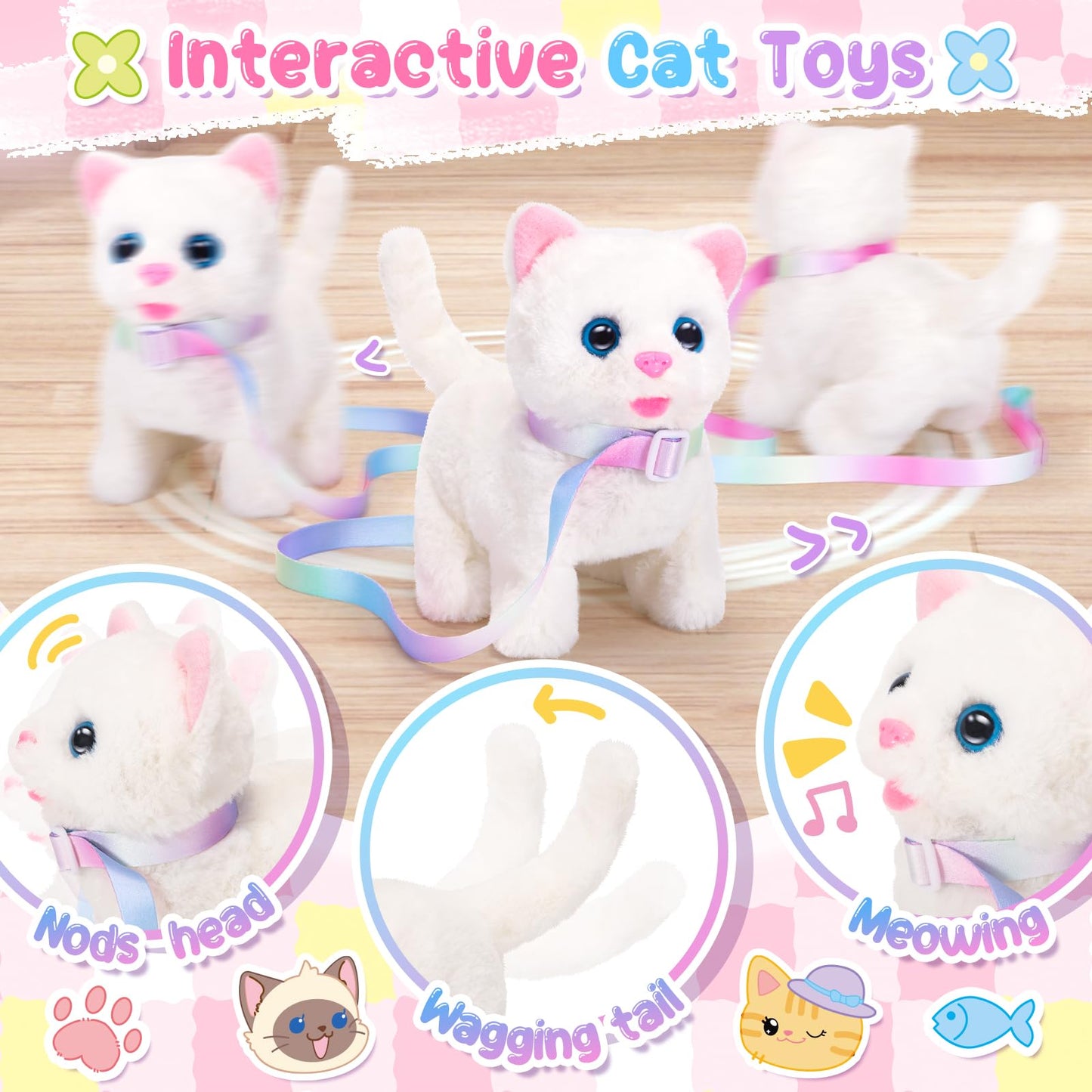 Ninaor Interactive Cat Toys For Kids With Crossbody Bags, Stuffed Cat Plush With Leash Walking Meow Pretend Play Kitty Robot Pet