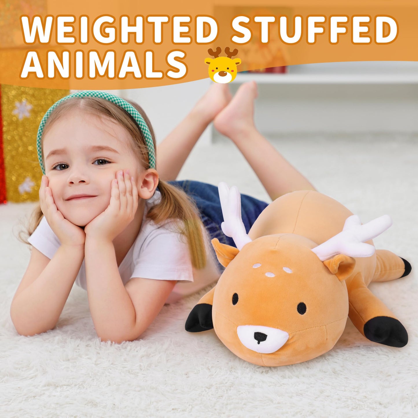 Webingo Weighted Stuffed Animals, 24'' Weighted Deer Plush Toy 4.2 Lb Soft Pillow Cute Giant Plushie Gifts For Kids & Adults(Dee