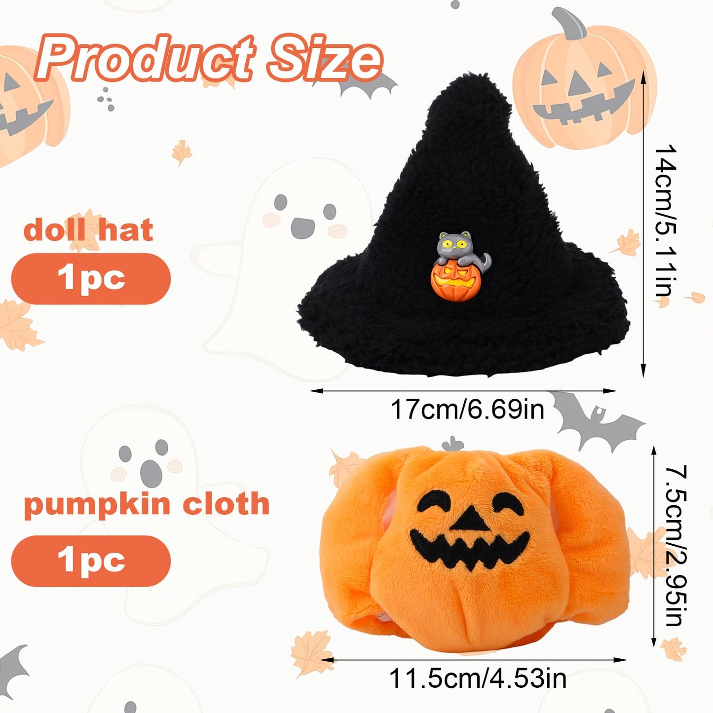 Halloween Clothes For 17Cm Doll, Cute Orange Pumpkin Outfit With Witch Hat Stylish Doll Clothing Costume Set Halloween Accessori