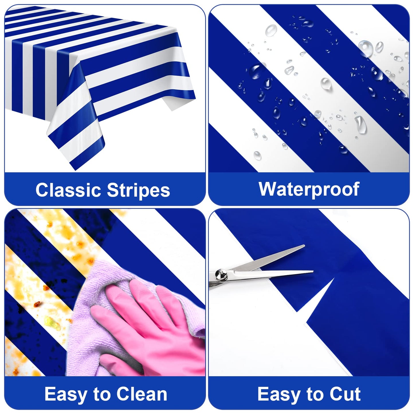 4 Pack Blue and White Striped Tablecloth, 54 x 108 Inch Waterproof Disposable Plastic Table Cover, Rectangular Table Cloths for