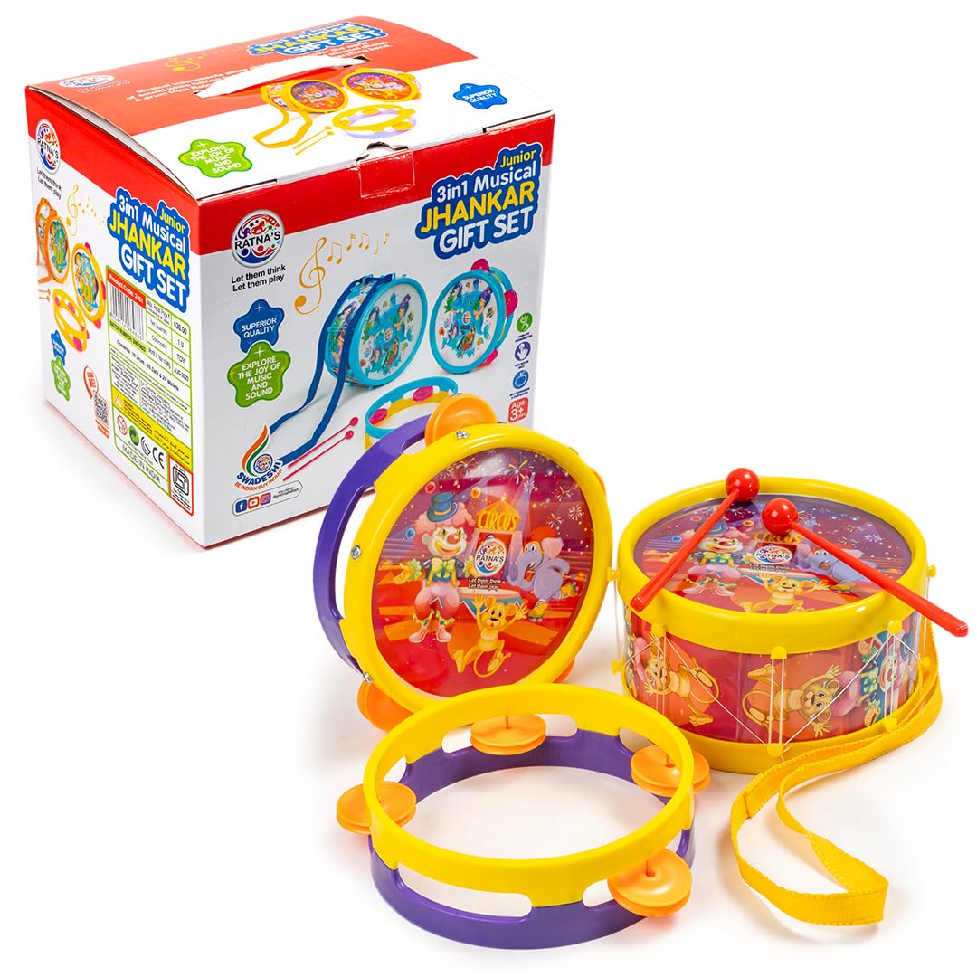 RatnaS 3 In 1 Musical Jhankar Gift Set Junior Circus Printed Drum Dafli Toy Musical Instrument With 2 Mallets For Kids