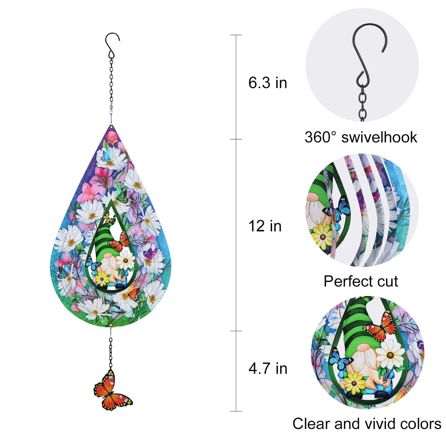 Gnomes And Butterfly Hanging Wind Spinners, Outdoor 3D Metal Sculptures For Garden And Yard Decoration Large Wind Spinner With A