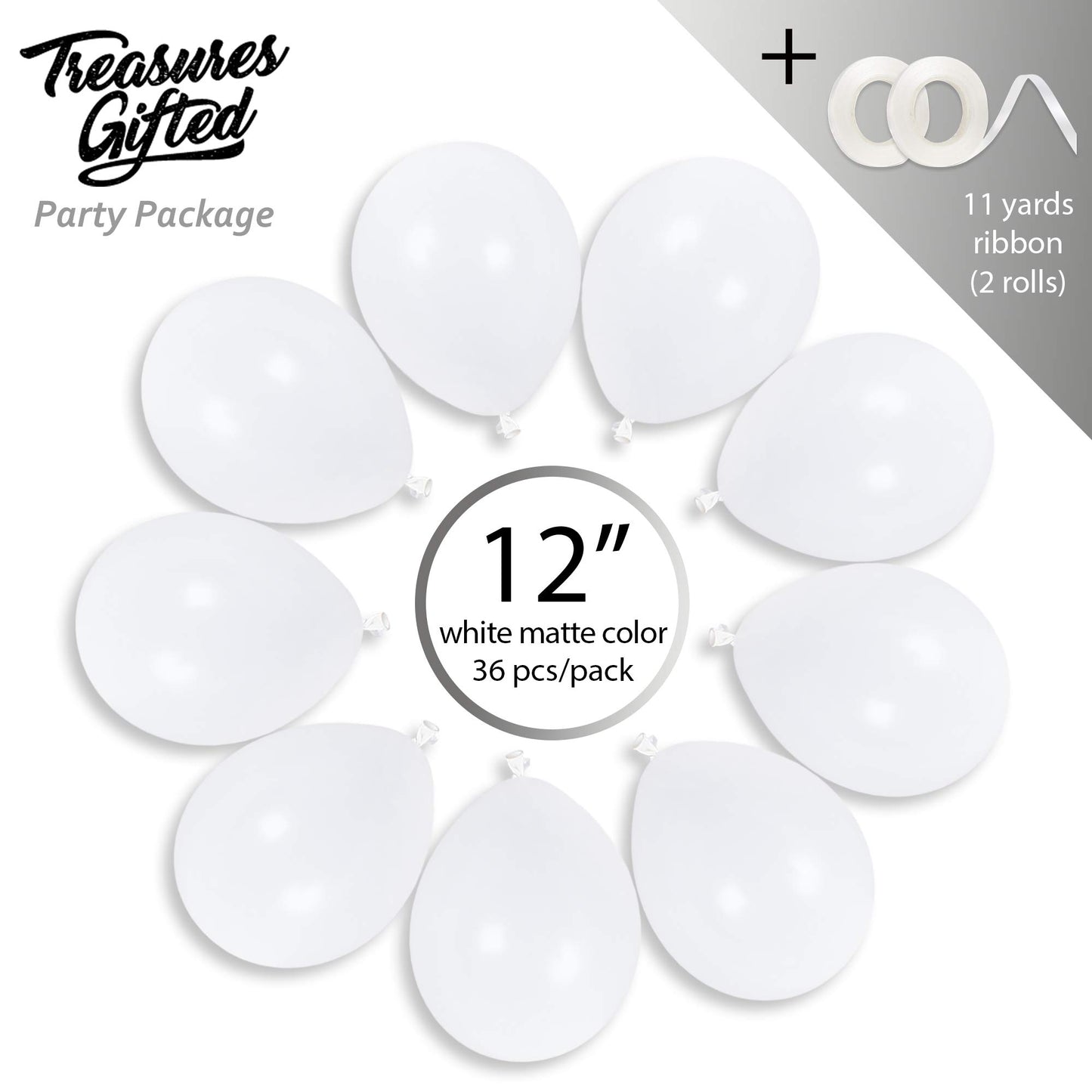 Treasures Gifted Solid White Balloons - Matte White Balloons For Party - Large White Balloons 12 Inch, White Latex Balloons - Bi