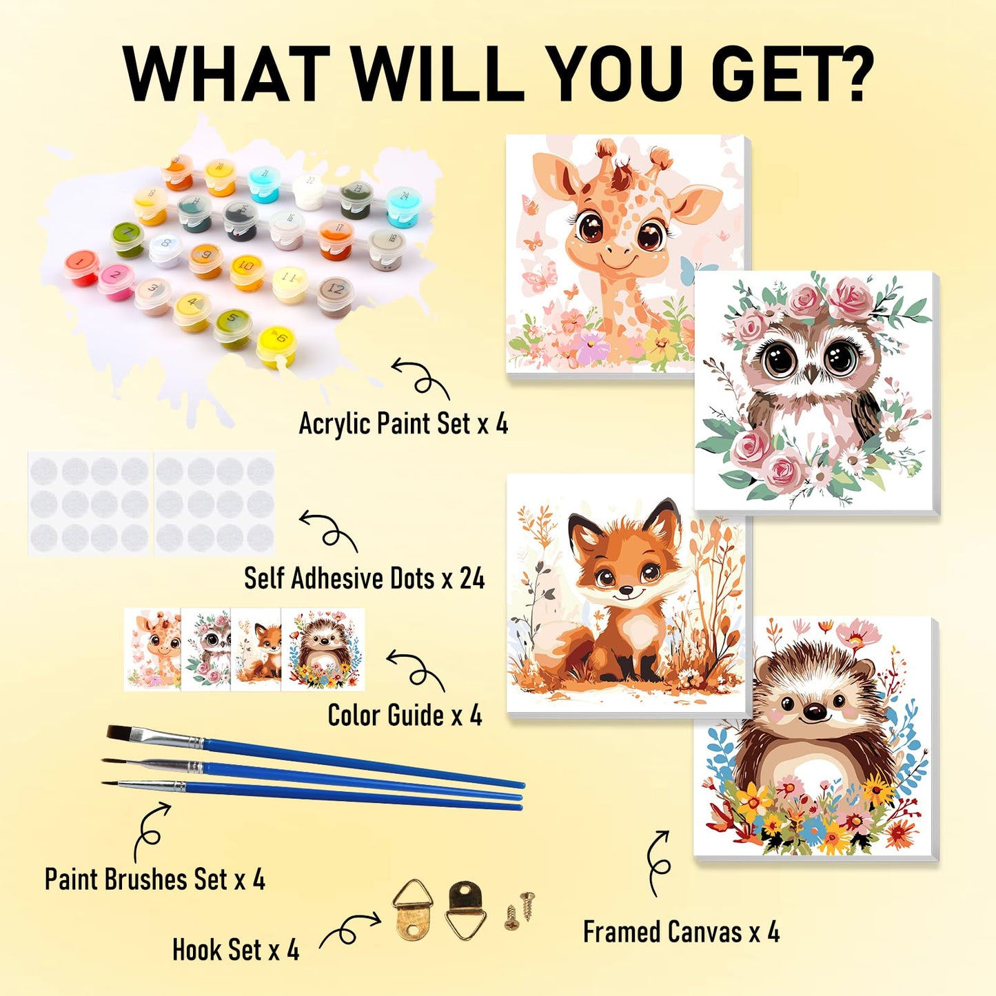 HEIBAGO Framed Paint by Numbers kit for Kids, 4 Pack Cute Animal Paint by Numbers for Kids Ages 8-12, Paint by Numbers Kits Chil