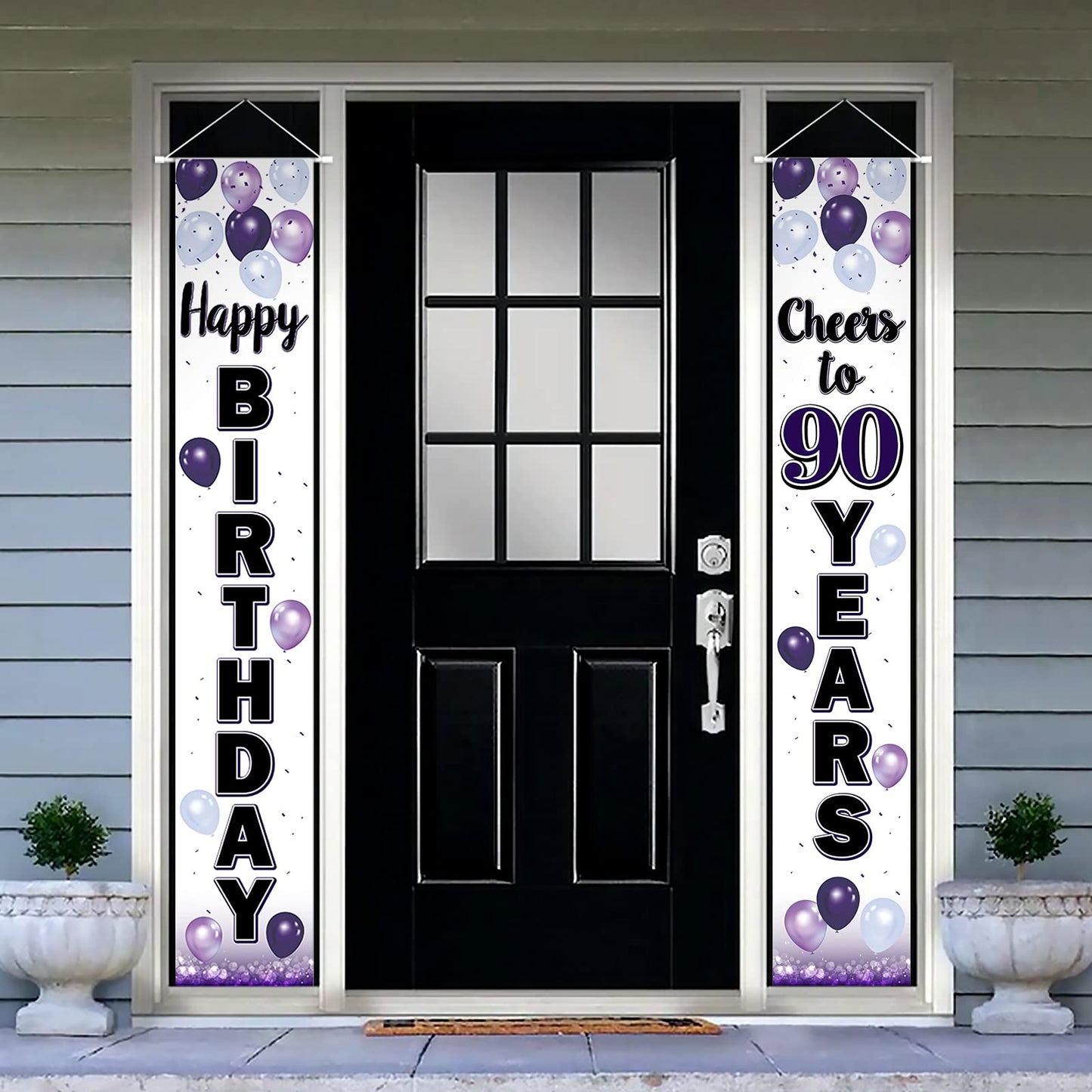 LASKYER Happy 90th Birthday Decorations,90th Purple Balloon Birthday Theme Door Hanging Banner Sign,Cheers to Ninety Years Old B