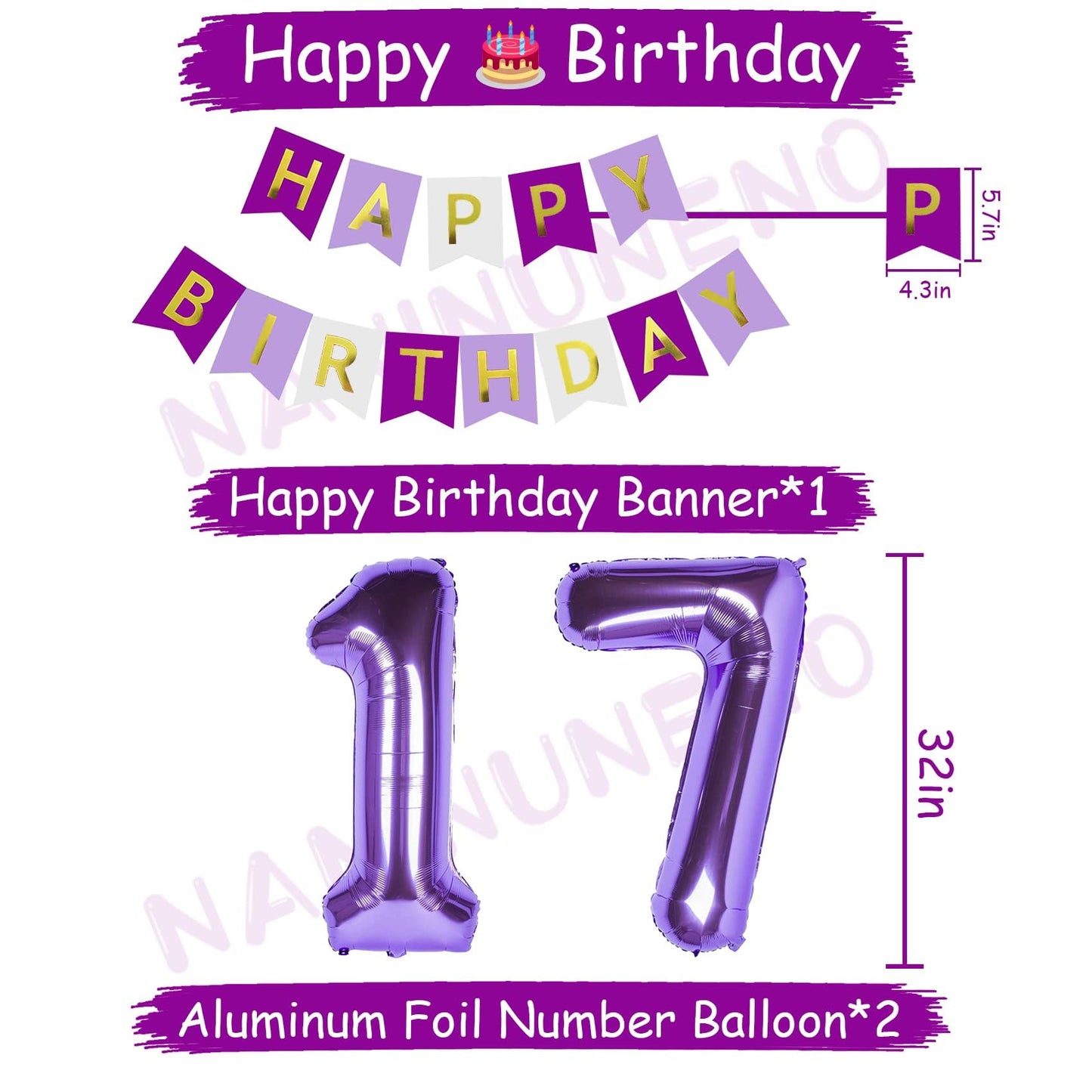 Naninuneno 17Th Birthday Decorations For Girls, Purple 17 Happy Birthday Balloons Supplies Including Purple Happy Birthday Banne