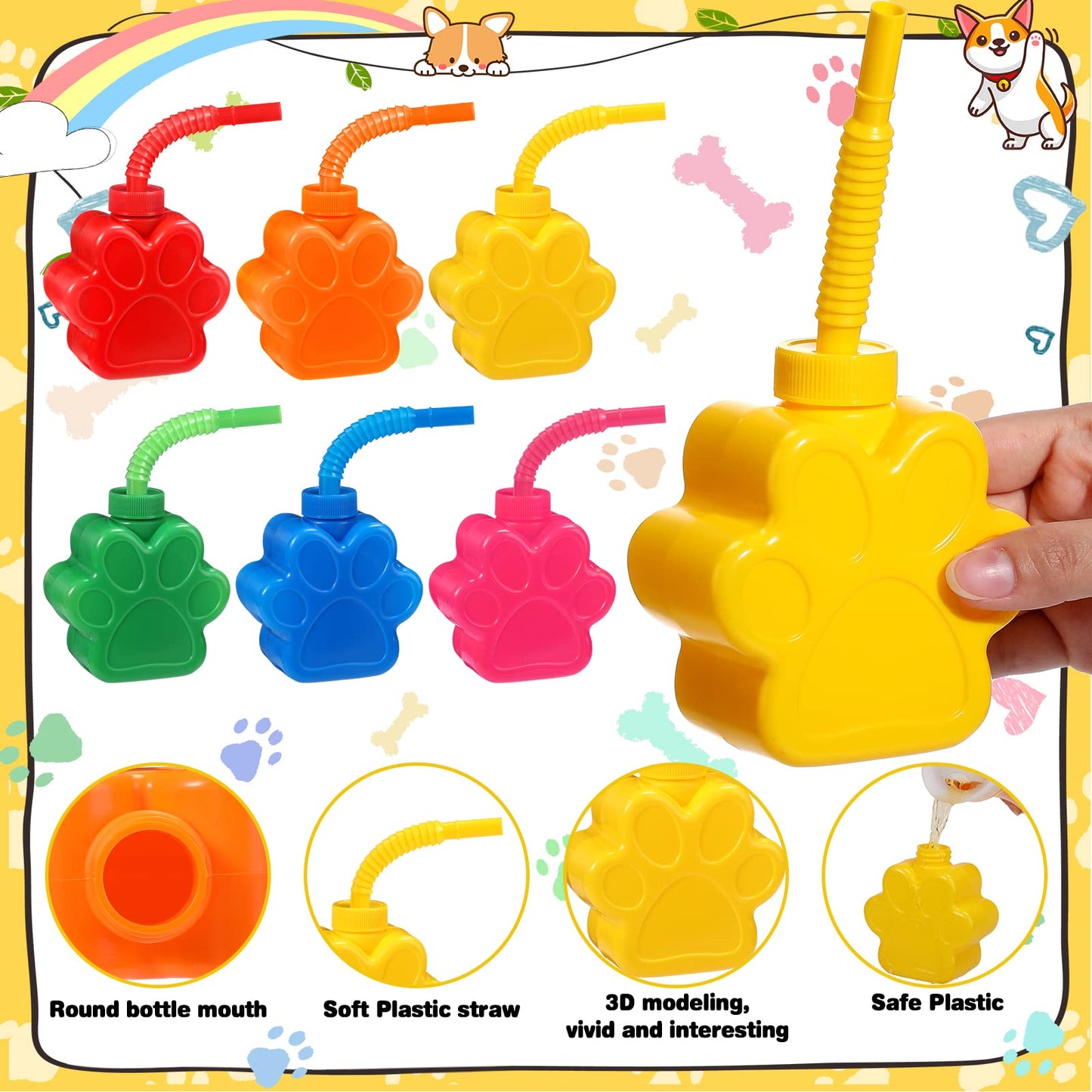 Sratte Dog Paw Cups 10 oz Bulk Puppy Paw Print Theme Cups, Cute Print Plastic Puppy Straw Cup Bulk with Lids for Kids Pet Dog Bi