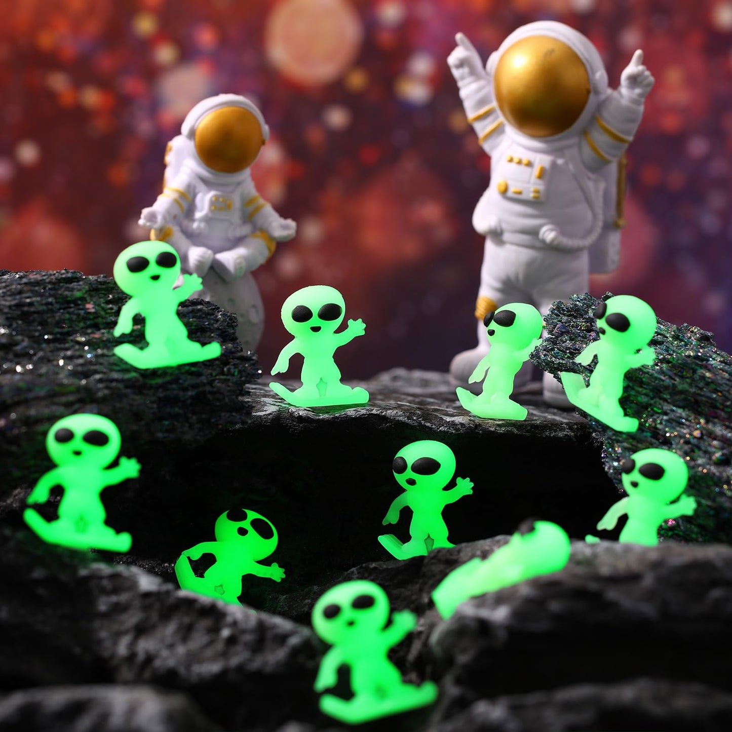 Croblissful 50 Pcs Glow In The Dark Alien Figures Small Tiny Rubber Mini Aliens Figurine Miniatures For Space Party Favors Hallo