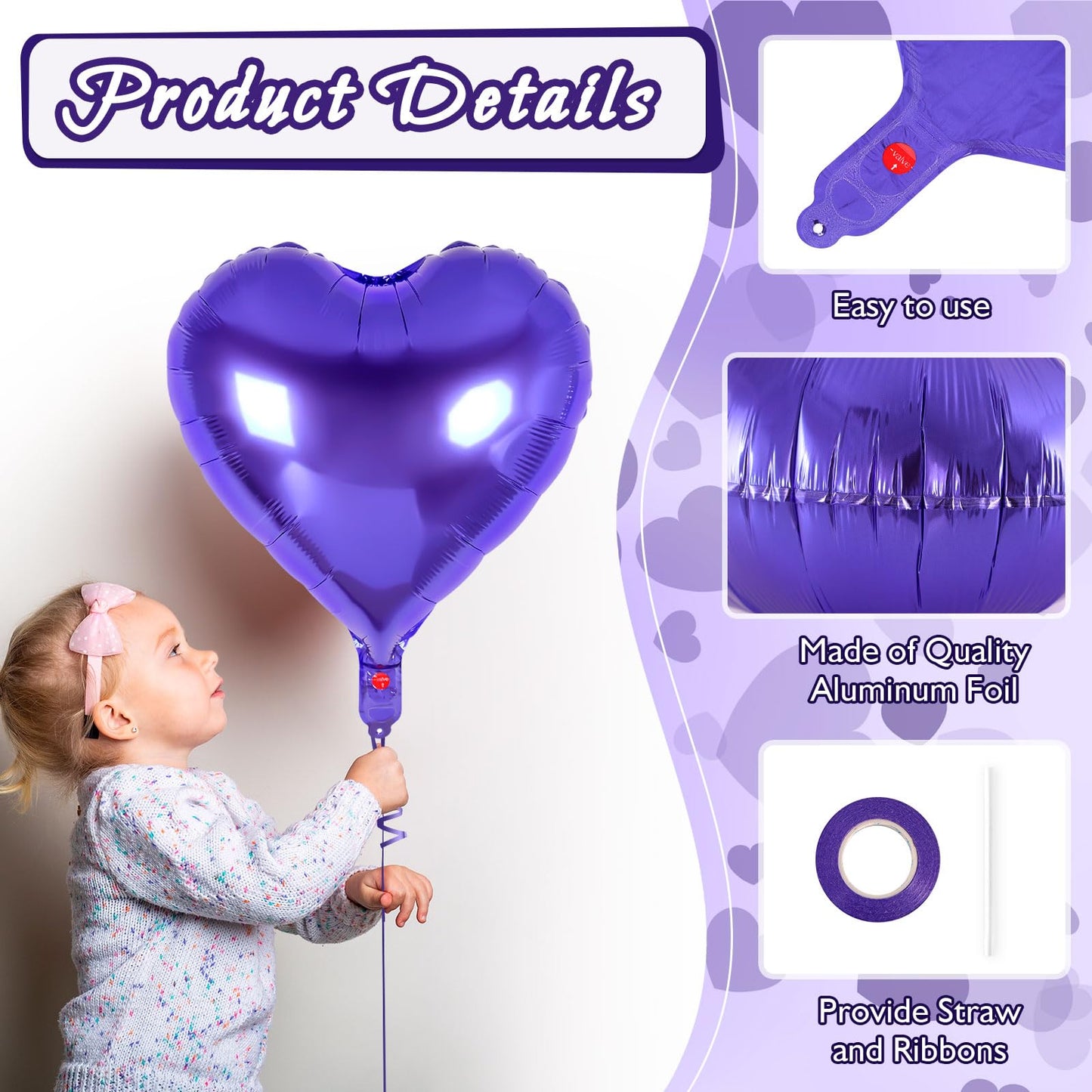 12 Pcs Heart Balloons,18 Inch Purple Heart Foil Balloons Love Balloons Valentine Balloons For Birthday Party Wedding Engagement