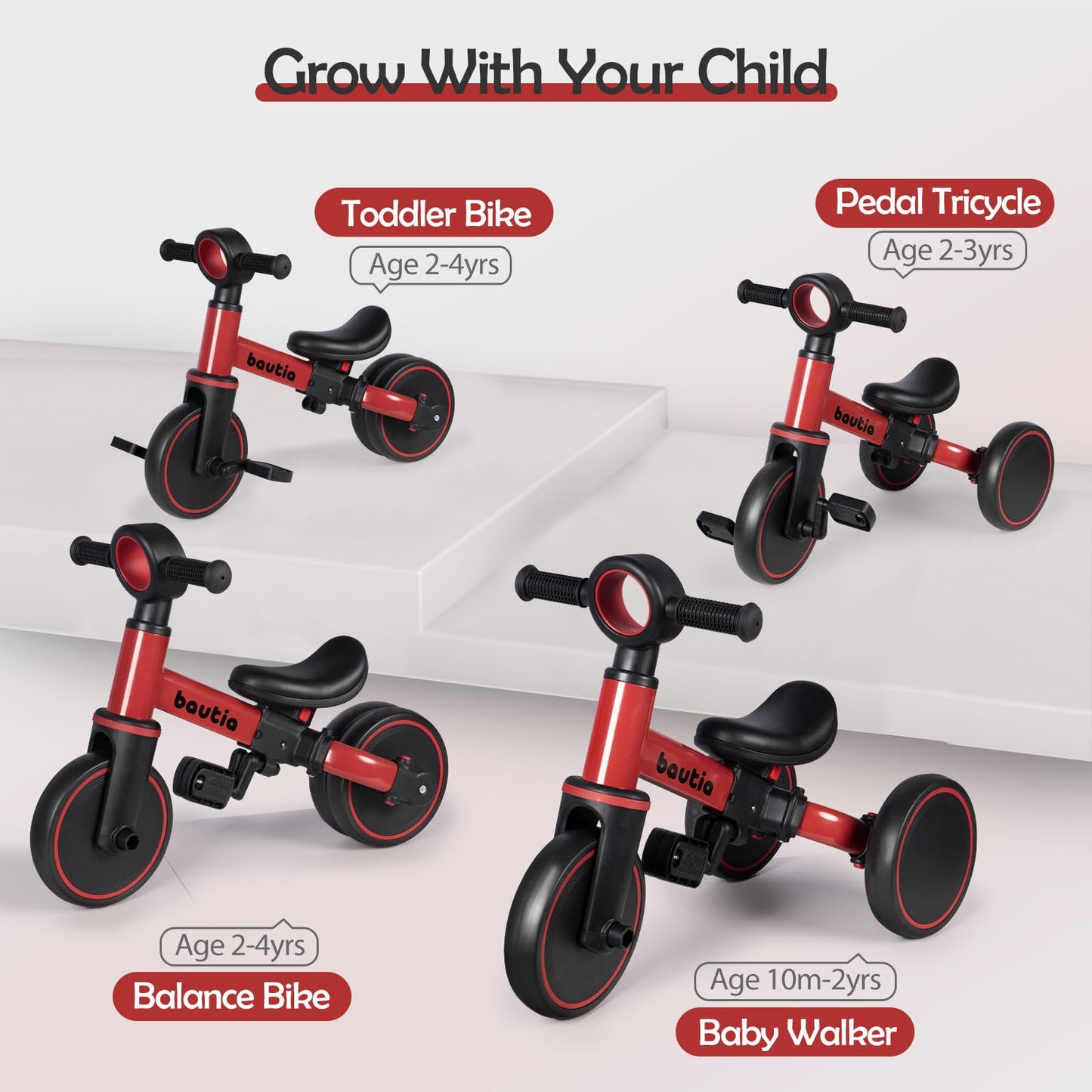 BAUTIA Tricycle for Toddlers 1-3, 4 in 1 Baby Balance Bike 1 2 Year Old Boy Girl Gift, Kids Bicycle Toy with Removable Pedals