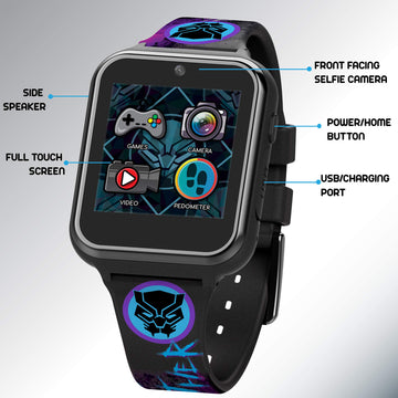 Accutime Kids Marvel Black Panther Black Educational ,Touchscreen Smart Watch Toy For Boys, Girls, Toddlers - Selfie Cam, Learning Games, Alarm, Calculator, Pedometer (Model: Avg4608Az)
