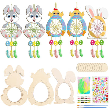 Fennoral 5 Pack Easter Dream Catcher Craft Kit For Kids Paint You Own Bunny Chick Dream Catcher Ornament Diy Coloring Wooden Eas