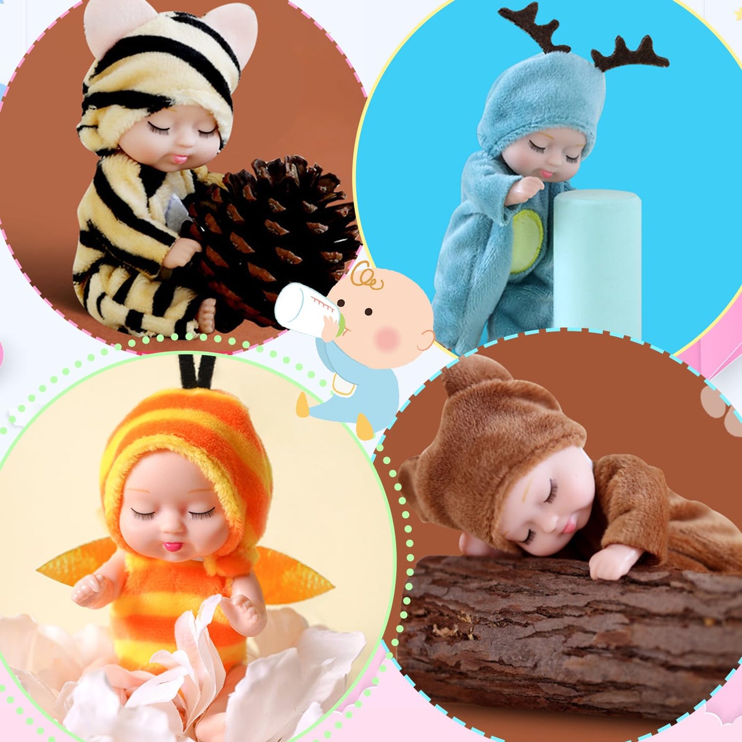 Haawooky 10 Pcs Mini Baby Dolls,4 Inch Lifelike Realistic Baby Dolls With Animal Clothes,Cute Small Baby Doll For Girls Kids Easter Basket Valentine Birthday