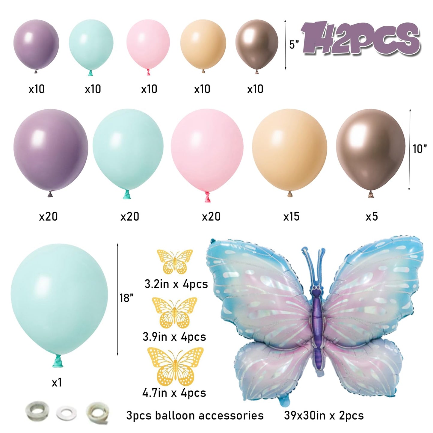 LULUMIKA Butterfly Balloon Arch Kit - 142pcs Pastel Pink/Purple/Blue, Rubber, Large Butterfly Foil for Baby Showers & Birthday Parties