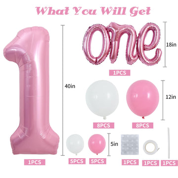 Toniful 27 Pcs 1St Birthday Balloons Set,40 Inch Light Pink Number 1 Balloon Light Pink One Letter Foil Balloon White Light Pink