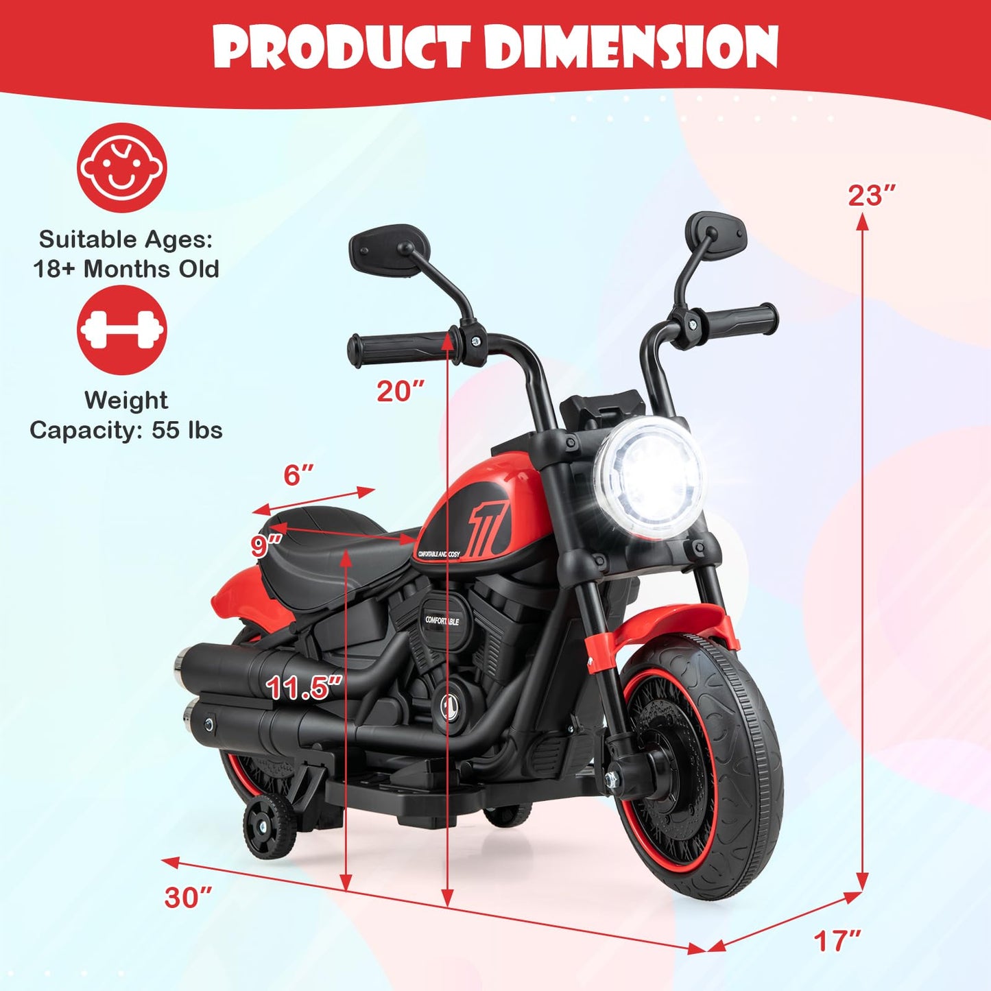 Costzon 6V Battery Powered Toddler Motorcycle, Red, 30"x17"x23", Detachable Training Wheels, Soft Start, Headlights & Music, Model AHL008
