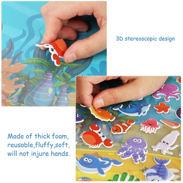 3D Sea Animals Puffy Sticker Play Set Kids 2-4 Toys Gifts Sticker Book Under The Sea Window Gel Clings Decals For Toddlers Home Airplane Classroom Nursery Ocean Party Supplies Decorations Removable 100 Reusable Puffy Stickers 2 Fold-Out Scenes