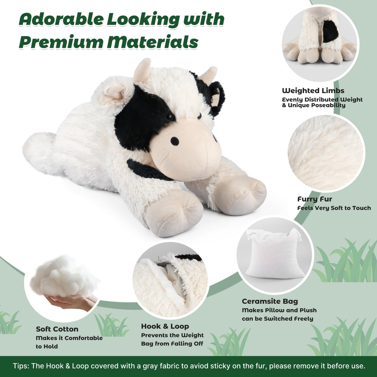 Bobbie & Laxi 24" Weighted Cow Plush Toy, Black and White, Adjustable Sitting & Laying, Soft Cotton Cuddly Gift for Kids & Adults