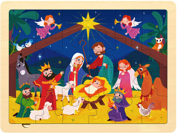 Moinkidz Nativity Scene Kids 24 Piece Puzzle For 3 Year Old, Unique Shape Jigsaw Pieces Christmas Wooden Jigsaw Puzzles For Toddlers Ages 3-5, Preschooler Puzzle With Tray