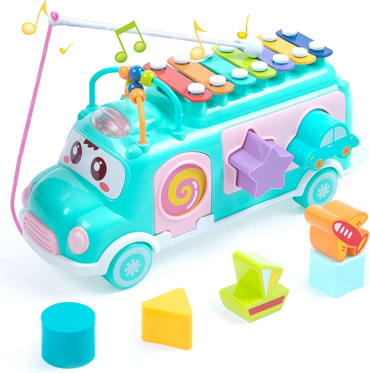Musical Shape Sorting Bus Toy for Kids with Xylophone, Pull Along Educational Vehicle Shape Matching Learning Toy for Toddlers B