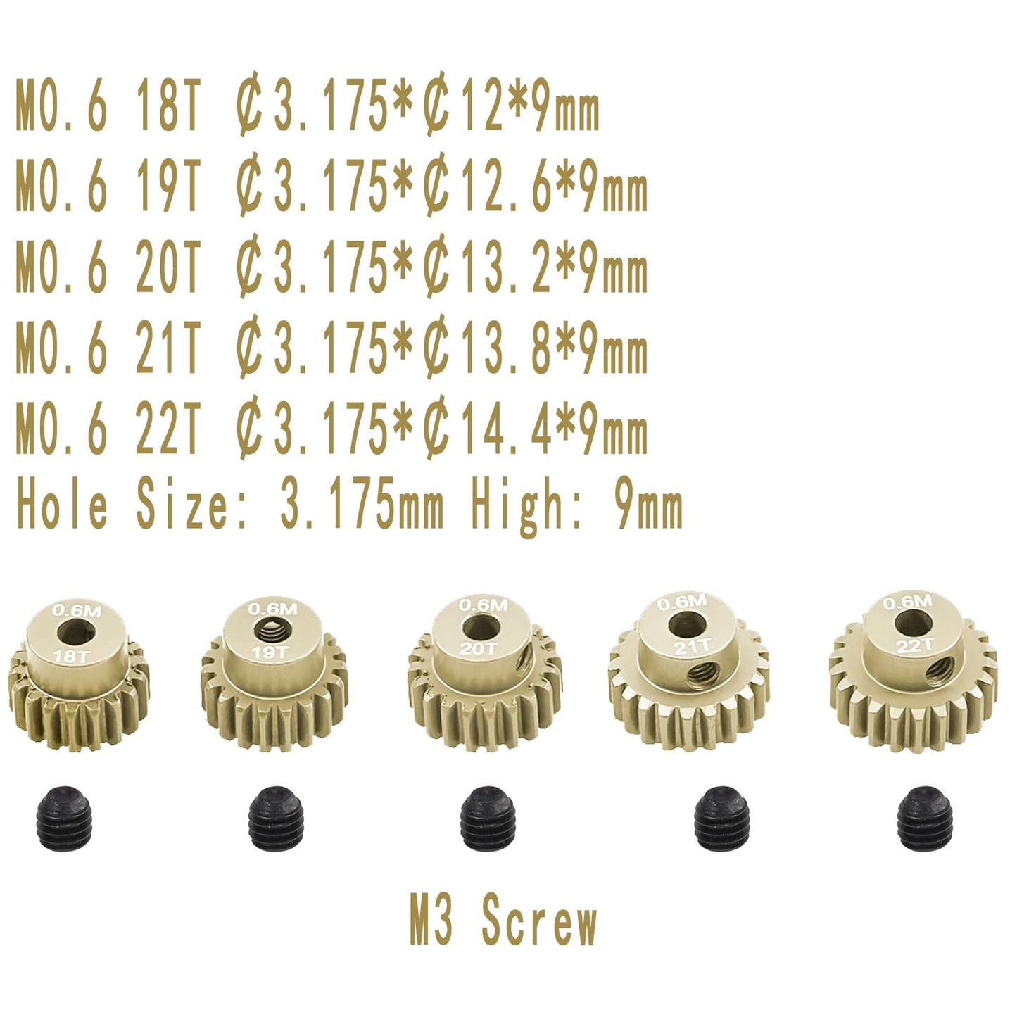 M0.6 Pinion Gear Set 3.175Mm 18T 19T 20T 21T 22T 5Pcs 7075Aluminum Alloy Metal Pinion Motor Gear For 1/10 Rc Car Brushed Brushle