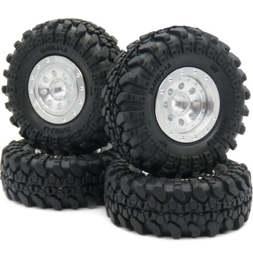 Hobbysoul Adjustable Offset Rc 1.0 Wheels And Tires, 1/24 Tires & Heavy 1.0 Beadlock Wheels Silver For 1:24 Rc Crawler Axial Scx