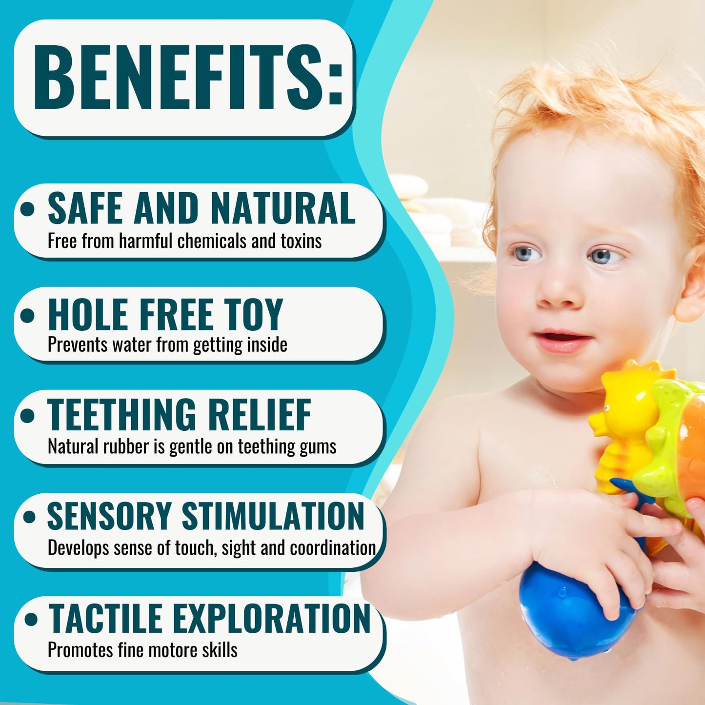 Caaocho Pure Natural Rubber Bath Toy - Nalu The Seahorse Baby Toy - Hole Free Bath Toys, Bpa Free Bath Toys For Infants, Without