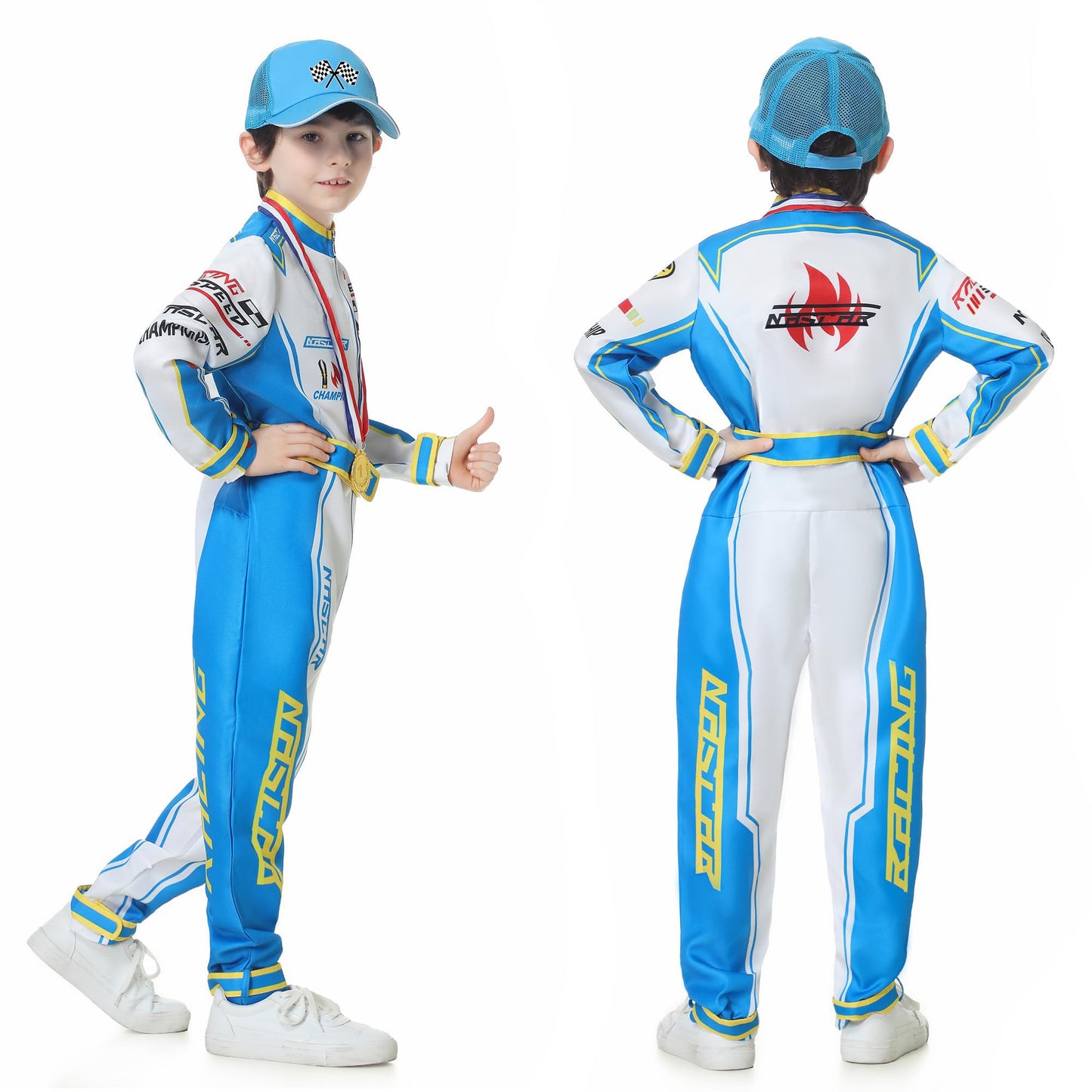 Treyrea Race Car Driver Costume Boys Racer Jumpsuit With Car Cap Kids Dress Up For Halloween (Blue, Xl(For Height 57''-60''))