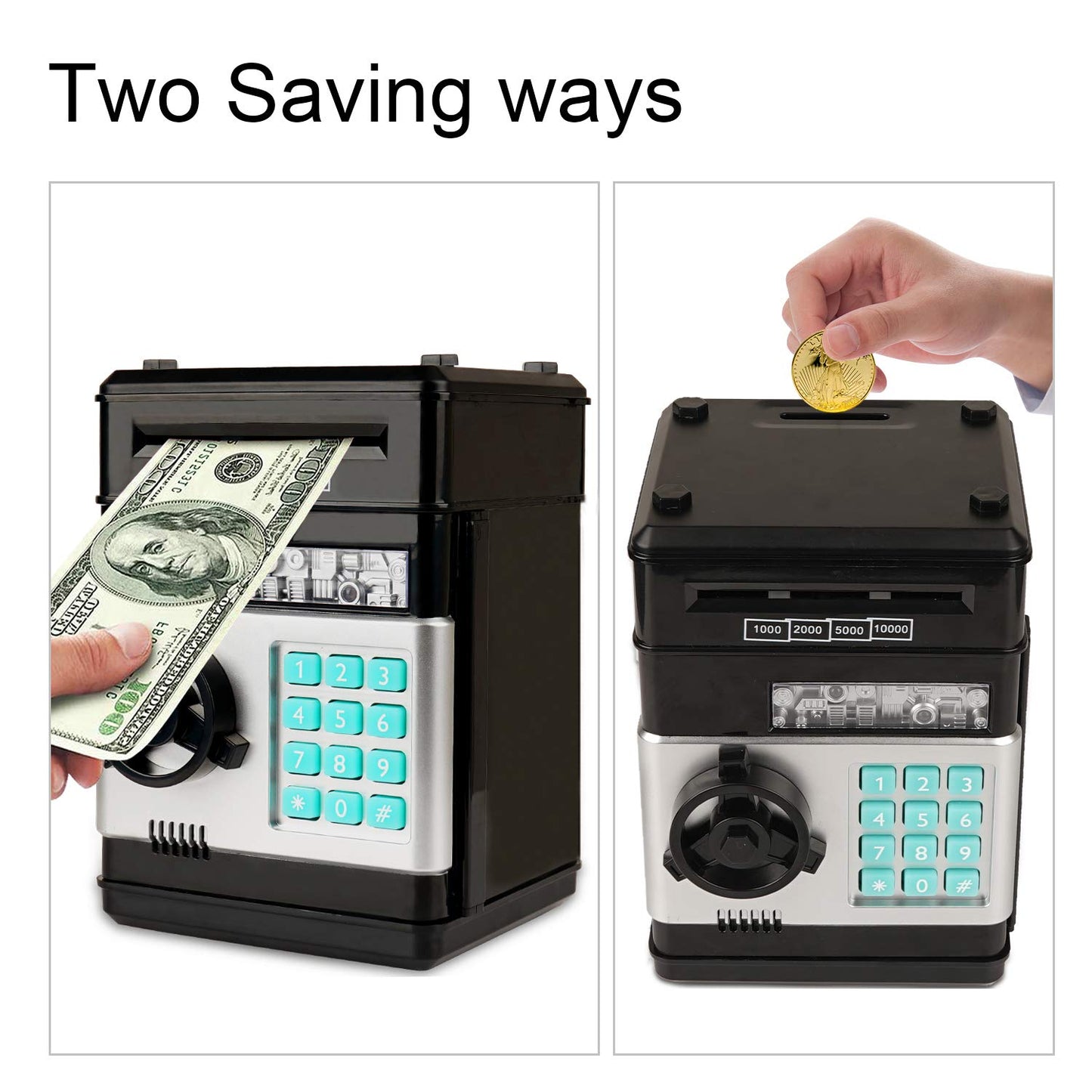 Adevena Electronic Piggy Bank, Mini Atm Password Money Bank Cash Coins Saving Box For Kids, Cartoon Safe Bank Box Perfect Toy Gifts For Boys Girls (Black)