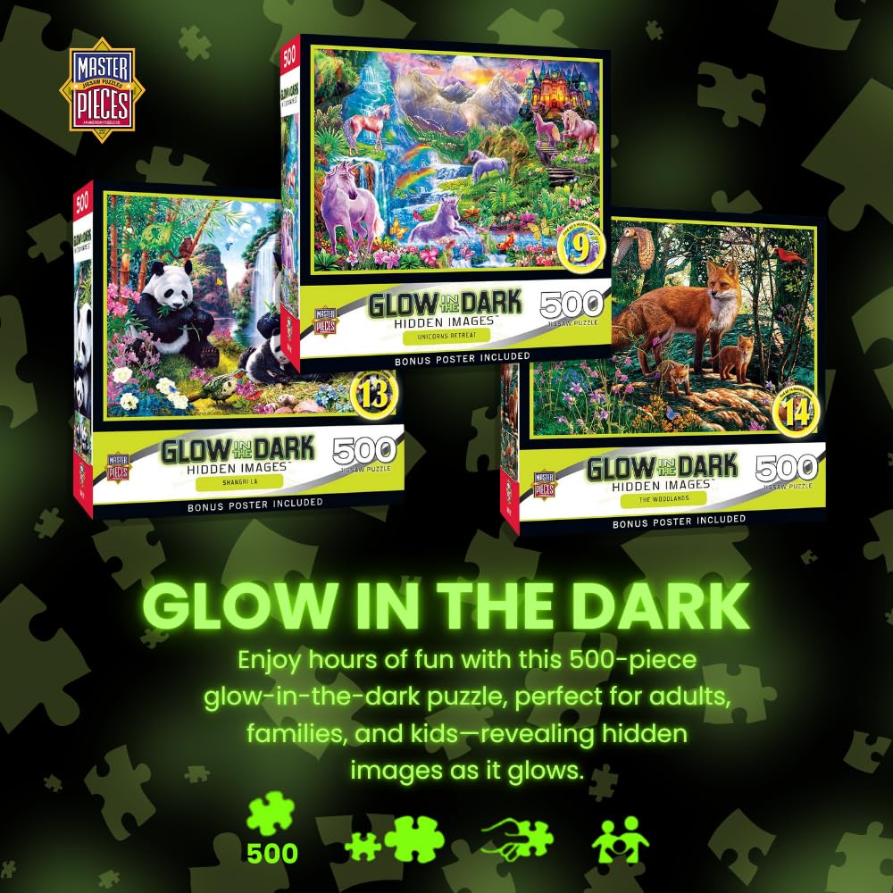 Masterpieces - 500 Piece Jigsaw Puzzle, Glows In The Dark, Hidden Images, A Watchful Eye, Fun For Adults, Family, Kids, 15' X 21'