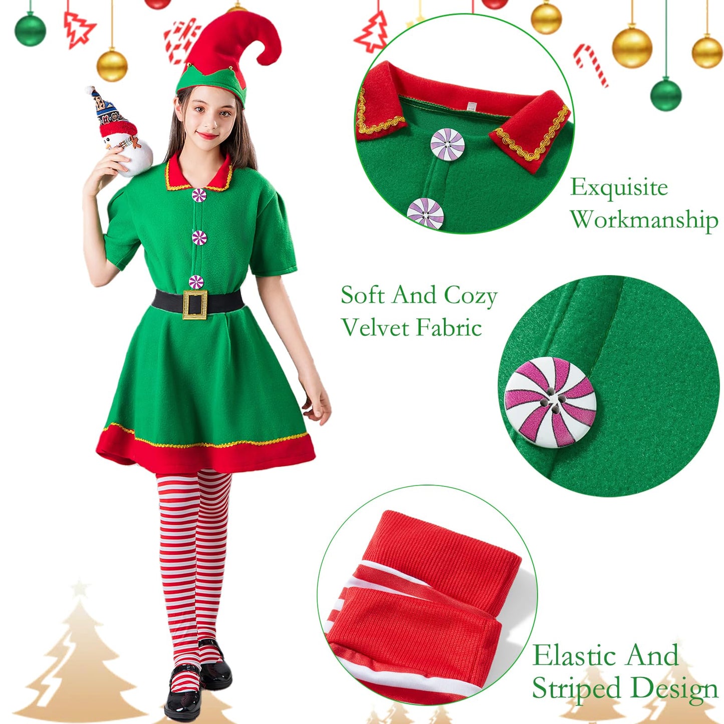Muimray Christmas Elf Costume For Toddler Baby Boys Girls Santa Costume 4Pcs Set Cosplay Outfit Xmas Clothes Favors Gift (Girl,
