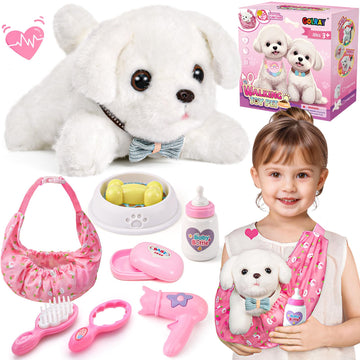 Golray Toy Dog for Kids Girls, Stuffed Dog with Heart Beat & Skeleton Transform, Sling Carrier & Toddler Girl Toy Kid Plush Pupp