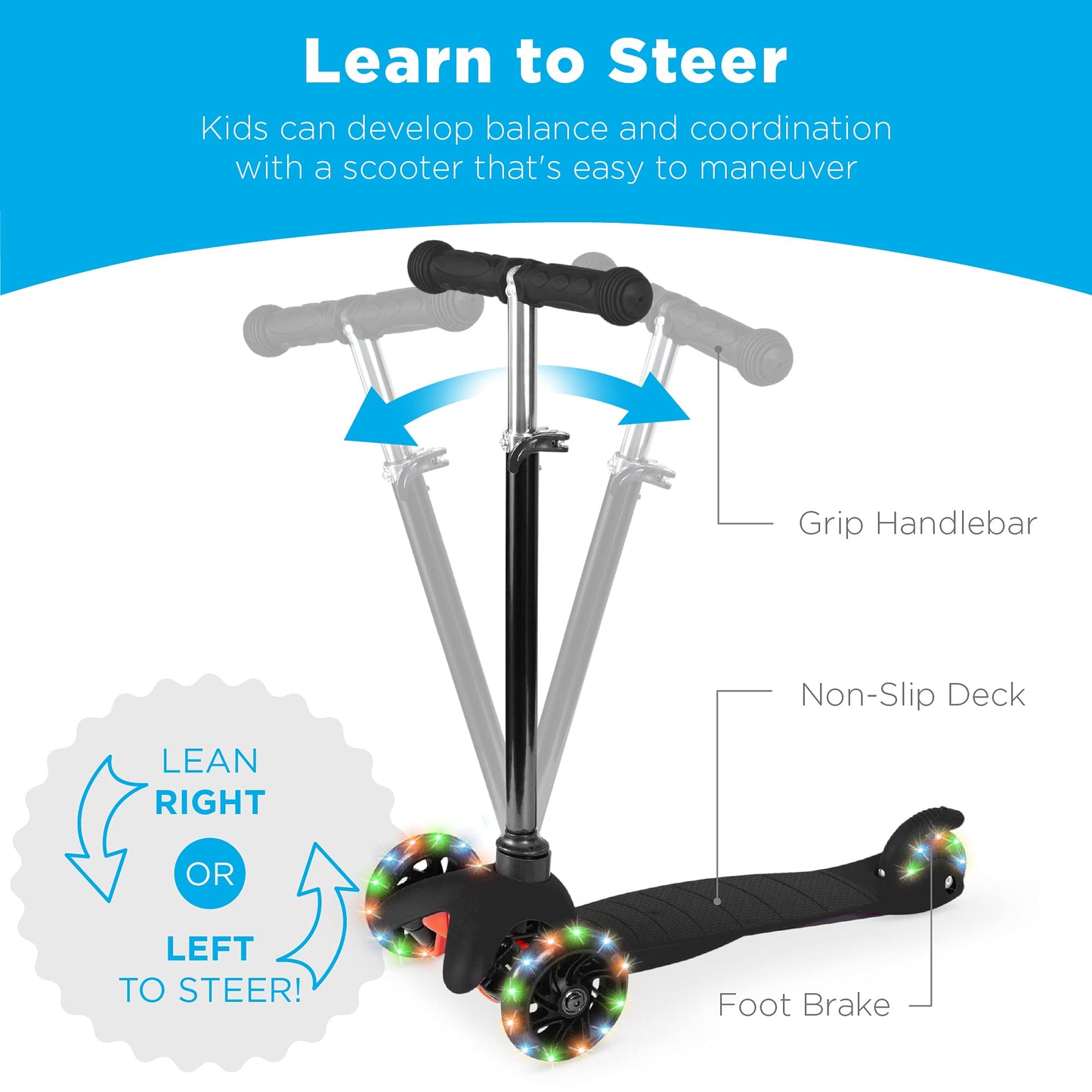 Best Choice Products Kids Mini Kick Scooter Toy W/ Light-Up Wheels, Height Adjustable T-Bar, Foot Break - Black
