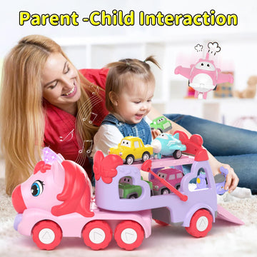 newcrave Toys for 1 2 3 Year Old Girl, 7-in-1 Unicorn Carrier Truck Toy for Girls, Toy Cars with Light & Music, Toddler Girl Toy