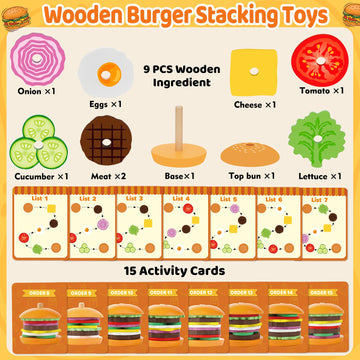 Jumlys Montessori Toys For 2, 3, 4, 5, Year Old, Wooden Burger Stacking Toys, Fine Motor Toys For Kids Boys Girls, Ideal Prescho