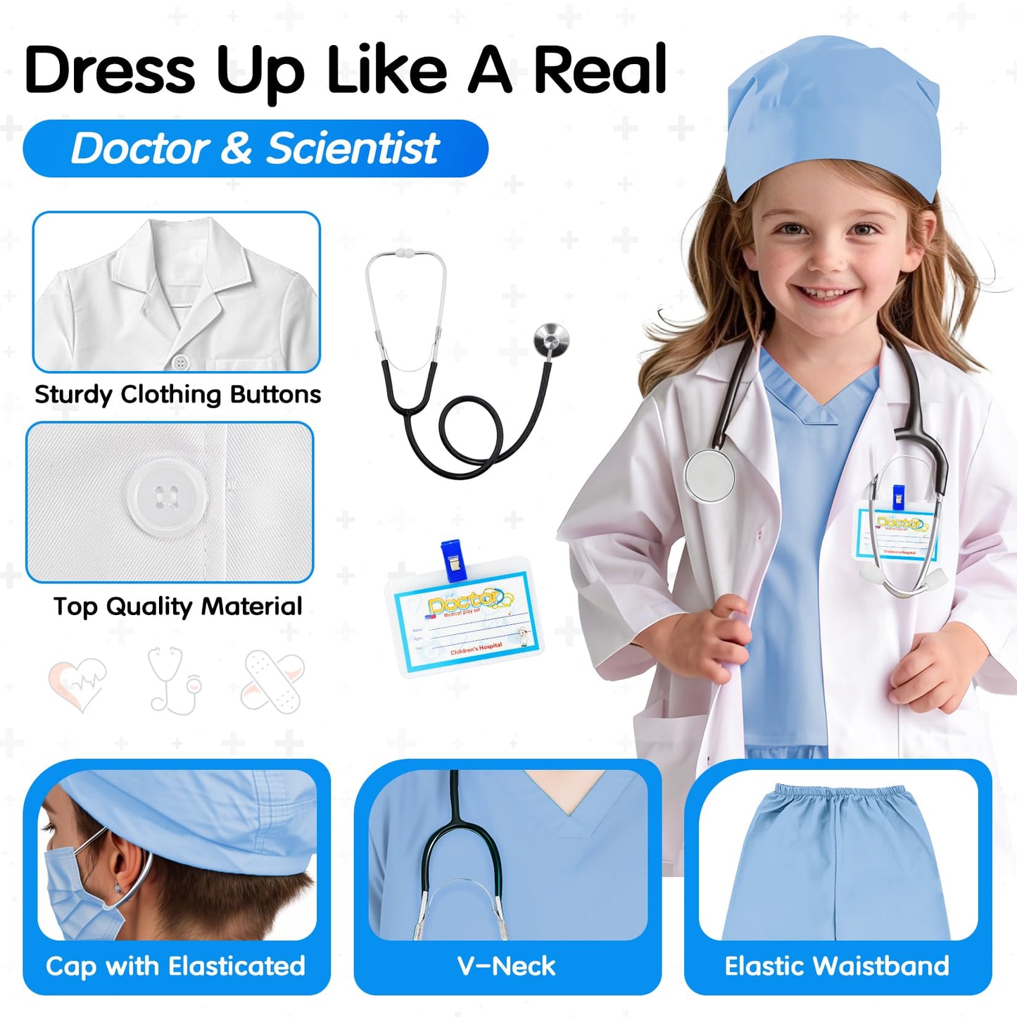COTATERO Doctor Scrubs Costume for Kids With Stethoscope Lab Coat Career Day Costume Halloween Dress Up For Boys Girls 3-12 (Light Blue  M-120/4-5T)