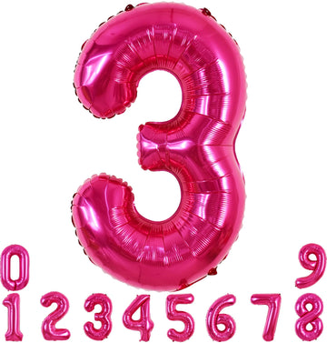 Toniful 40 Inch Hot Pink Large Numbers Balloon 0-9 Birthday Party Decorations,Foil Mylar Big Number 3 Balloon Digital 3 For Birt