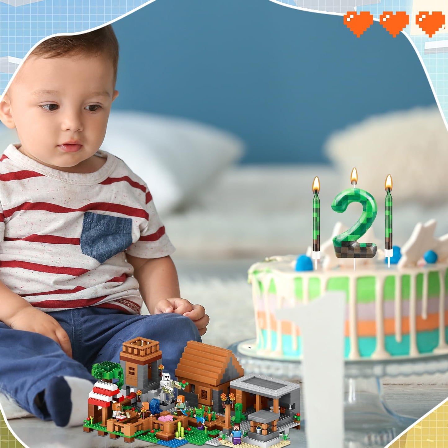 13 Pcs Dynamite Candles 12 TNT Themed Birthday Cake Candles and Number 2 Candle Cake Topper for Pixel Theme Birthday Party Anniv