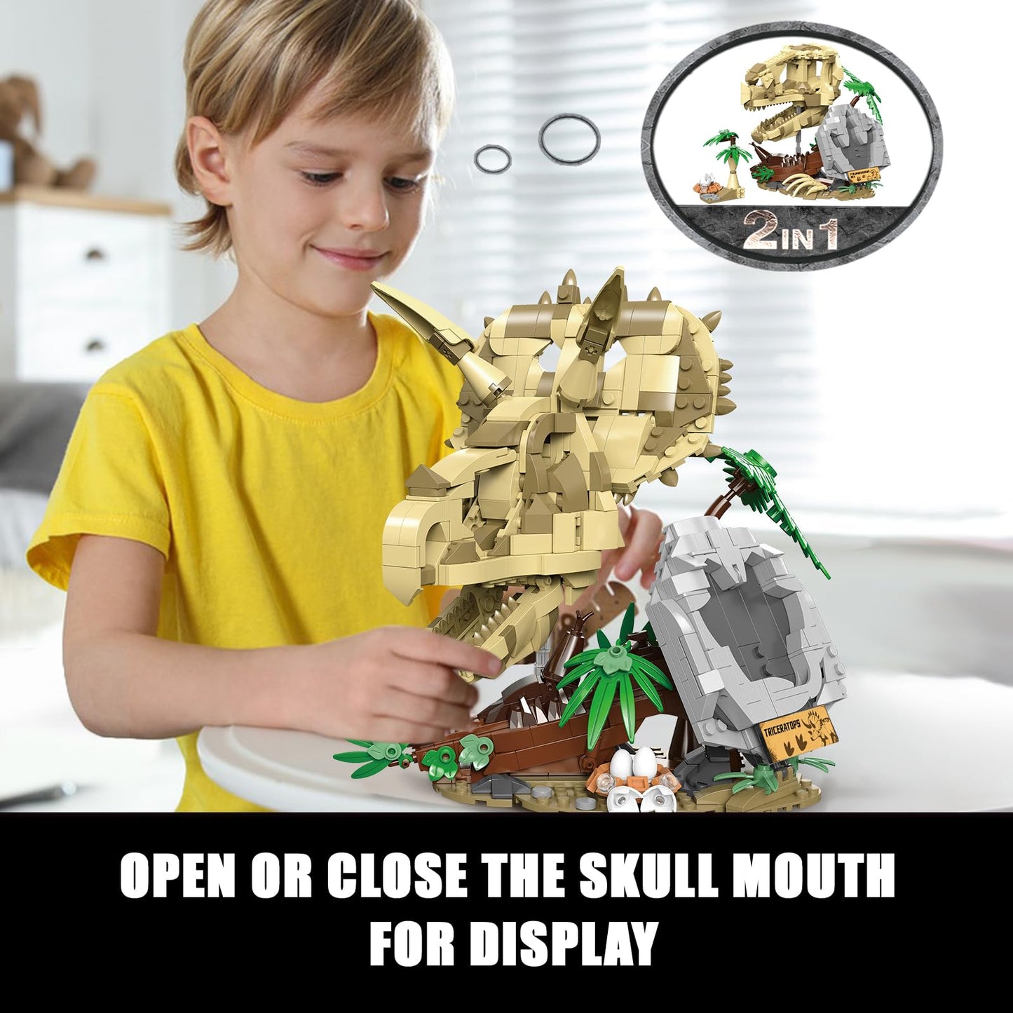Qlt 2 In 1 Jurassic Dinosaur Skull Fossils Building Set: T. Rex, Triceratops, Stem Educational Dino Toy Skeleton Model For Kids, Compatible With Lego Adults, Great Gift For Boys Girls (714 Pcs)