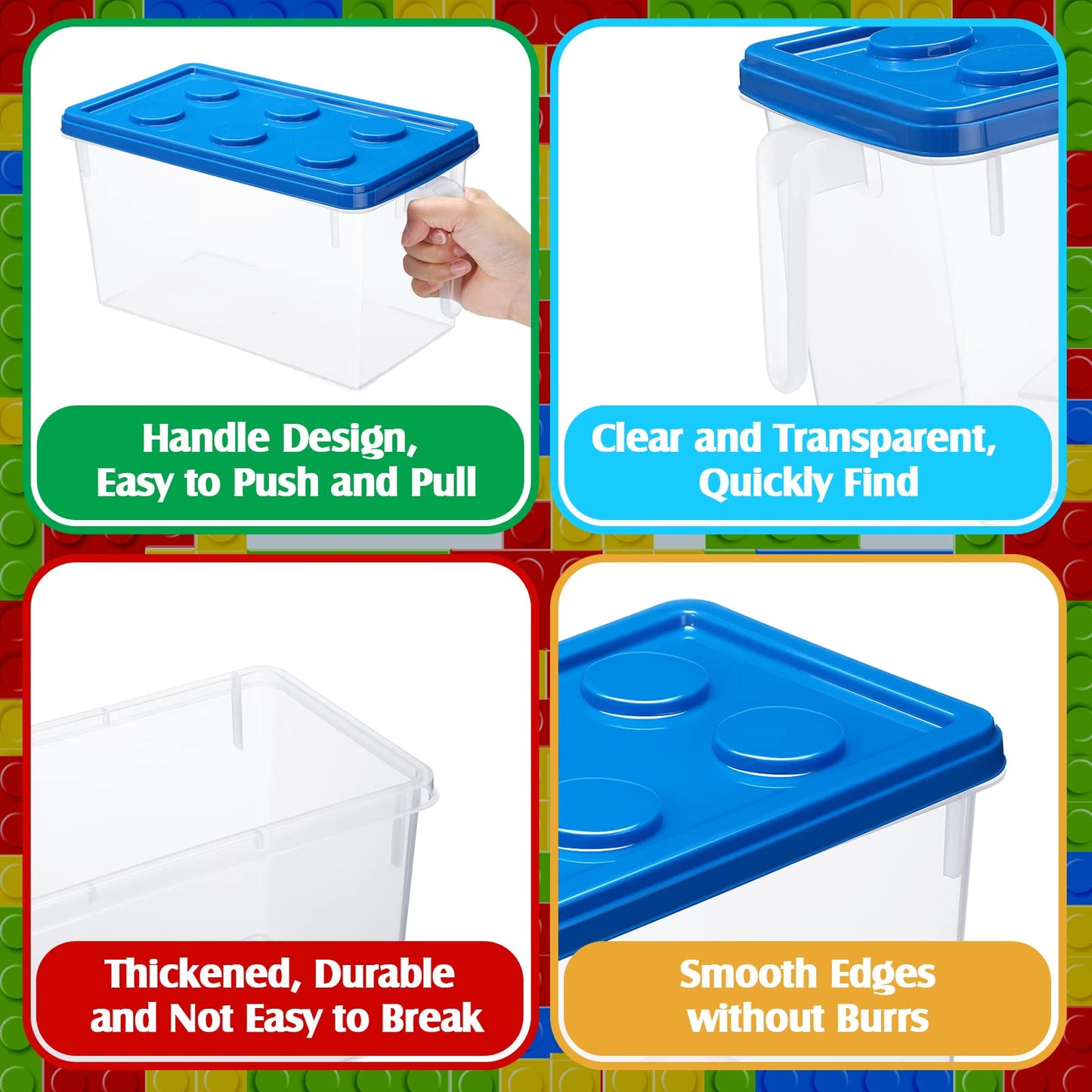 Sintuff 4 Pack Toy Storage Organizers Bins with Lid, Plastic Stackable Storage Box with Handle Design, Brick Shaped Toy Containe