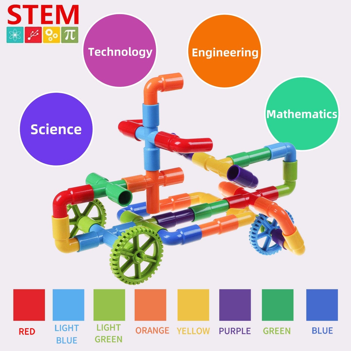 Burgkidz Stem Learning Pipe Tube Toy, Sensory Toys, Tube Locks Construction Building Blocks, Educational Stem Building Learning Toys With Wheels Baseplate For All Ages Kids Boys Girls, 188 Pcs