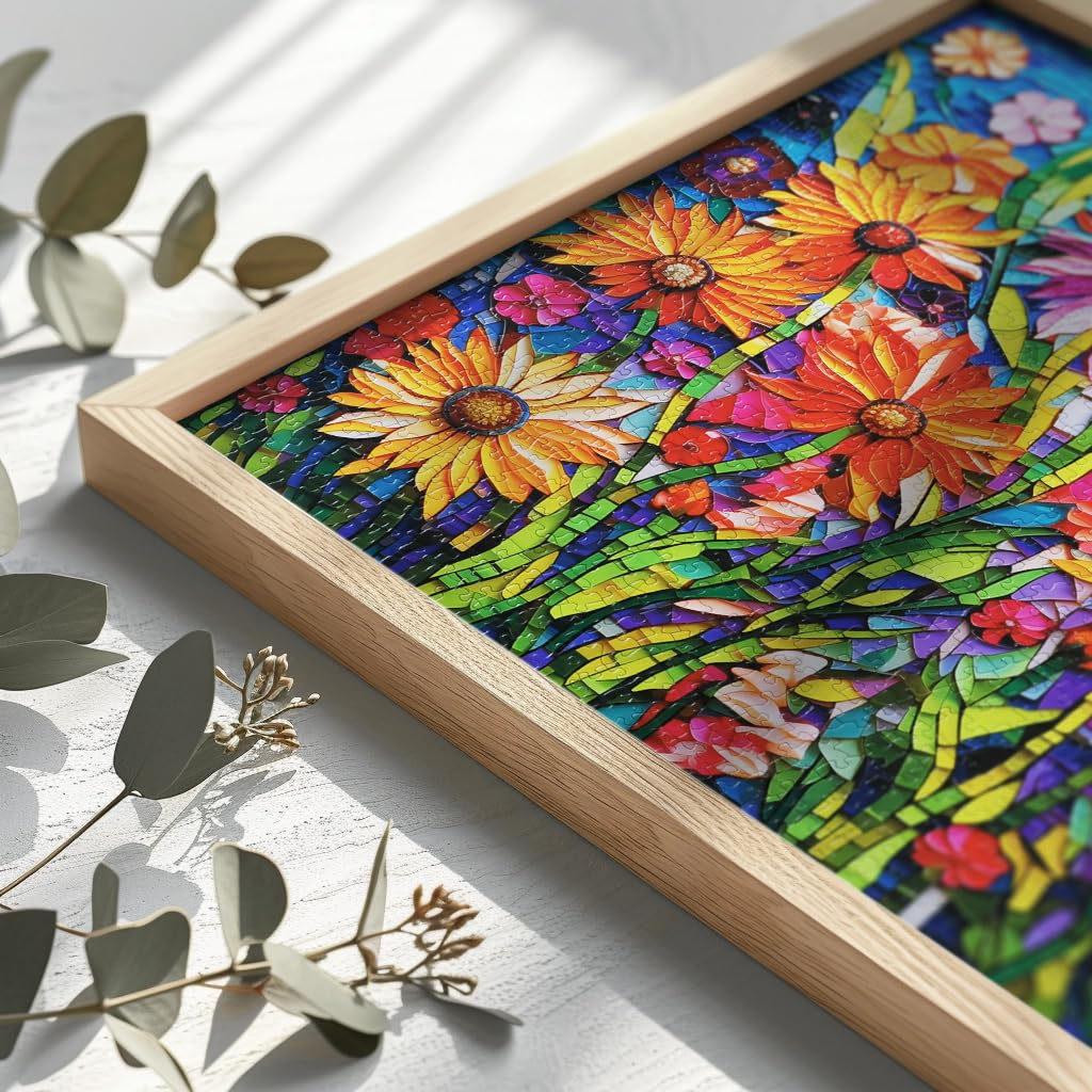 Bgraamiens Puzzle-Mosaic Art Flowers-1000 Pieces Mosaic Art Paper Puzzle For Adults, Stained Glass Art Puzzle With Flowers, Impossible Puzzle Color Challenge Flowers Puzzle For Adults