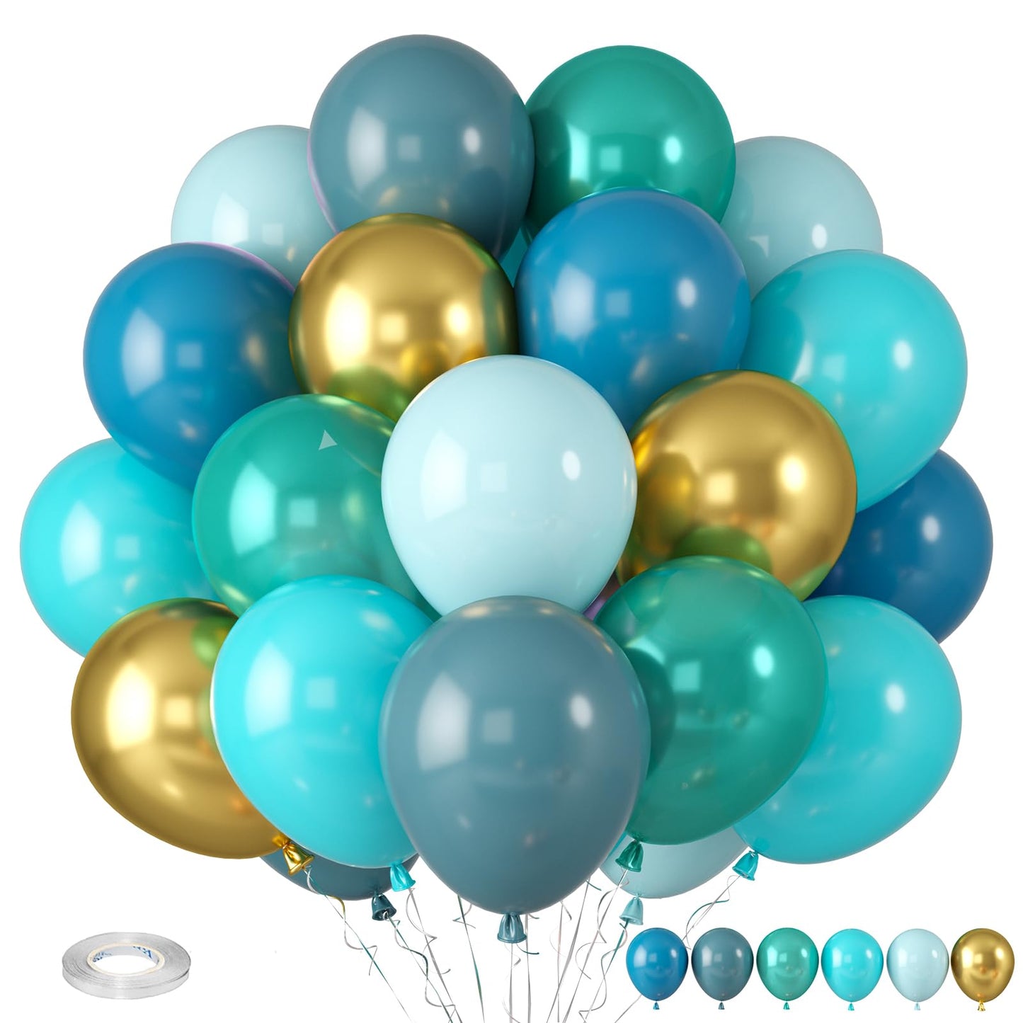 Paready Teal Blue Balloons - Rubber, Metallic Gold, Perfect for Birthday, Baby Shower, Wedding, Summer Beach Party Decorations